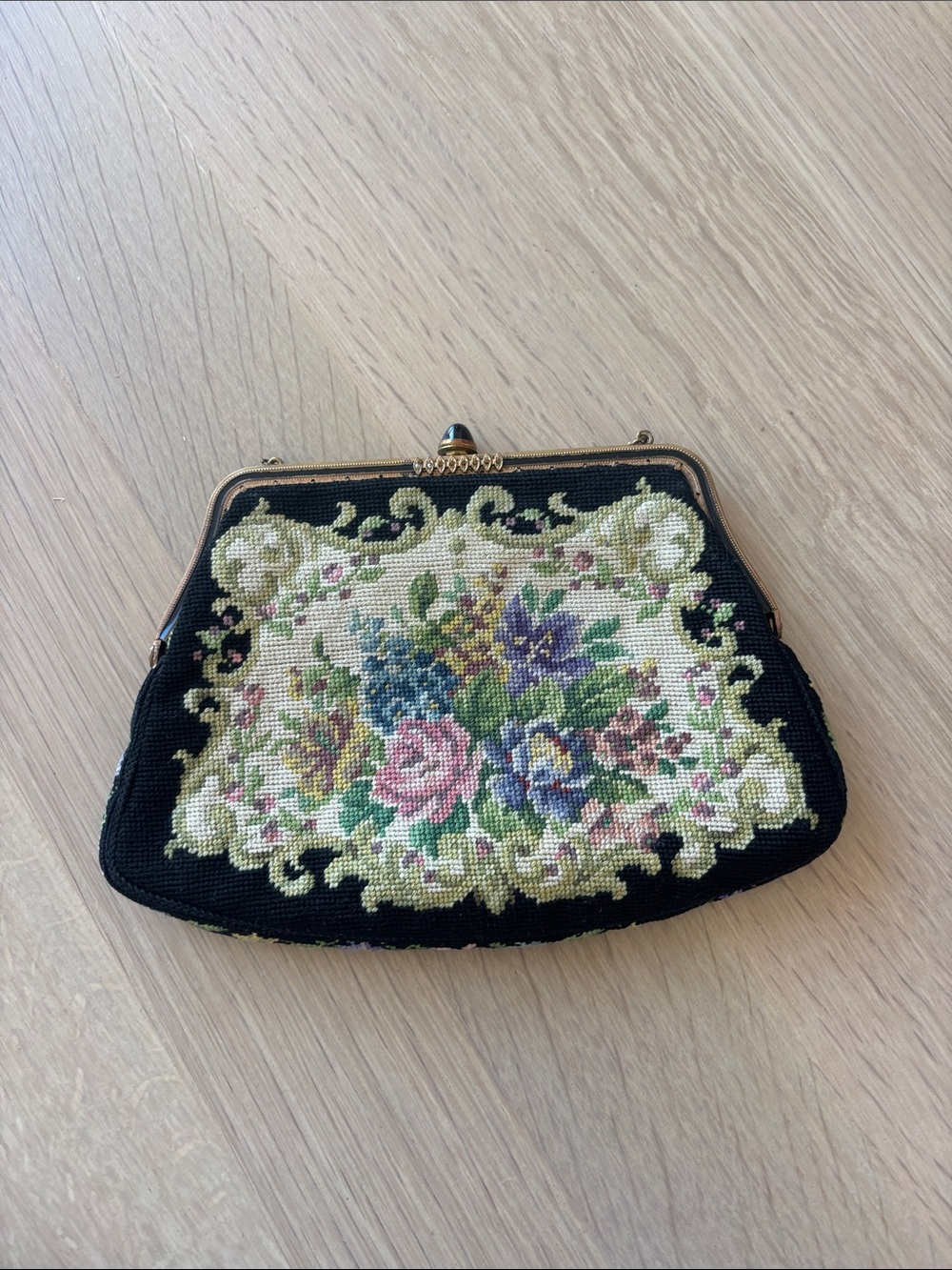 Vintage Floral Needlepoint Frame Clutch - Black
